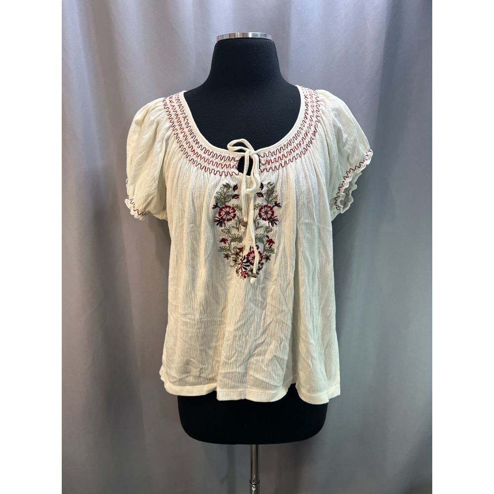 Laura Scott Tie Front Blouse Top Women XL Petite Beige Cotton Floral Embroidered